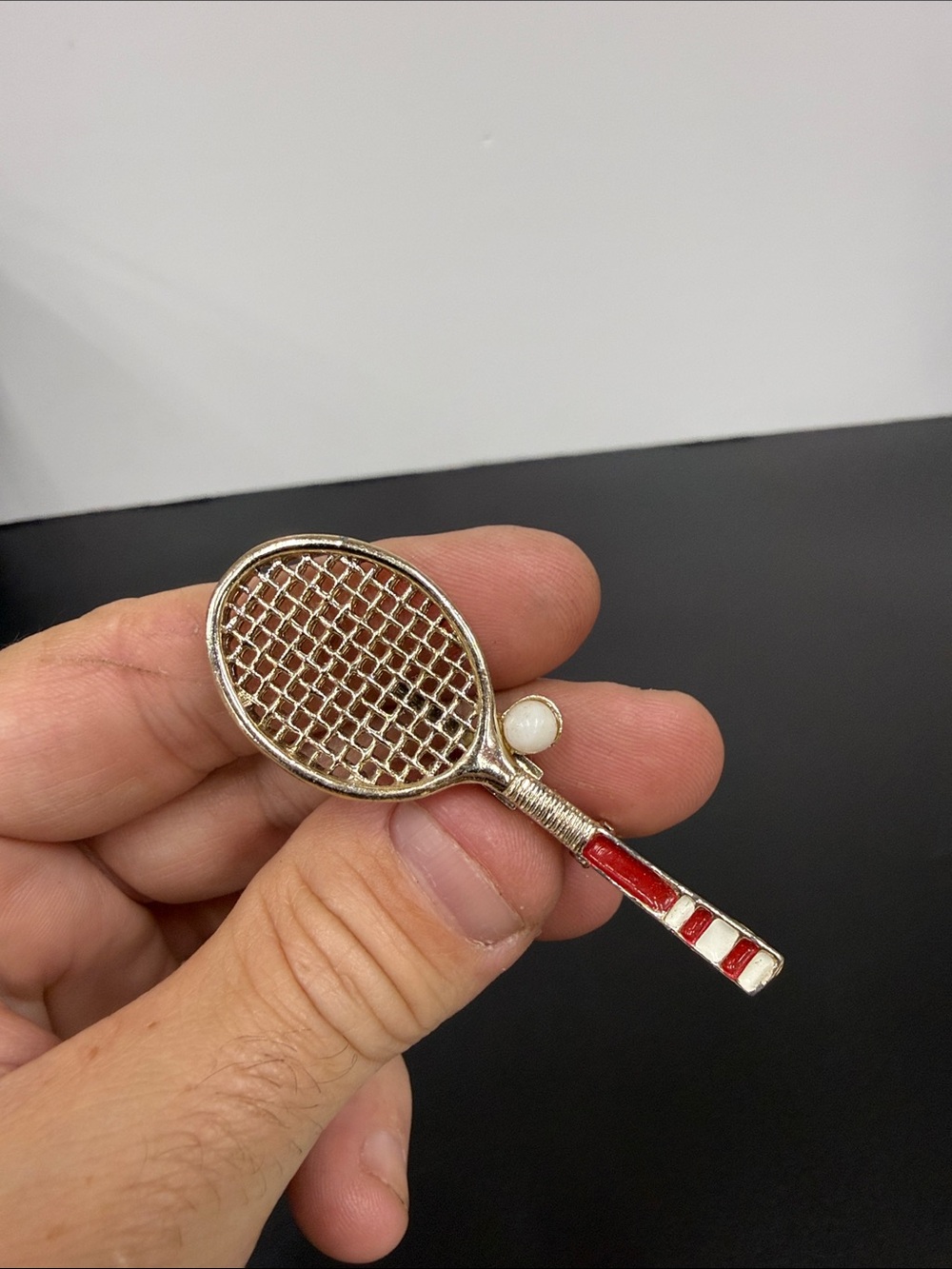 Vintage Gerry’s Tennis Racket Brooch with Red Enamel Handle and Pearl Accent